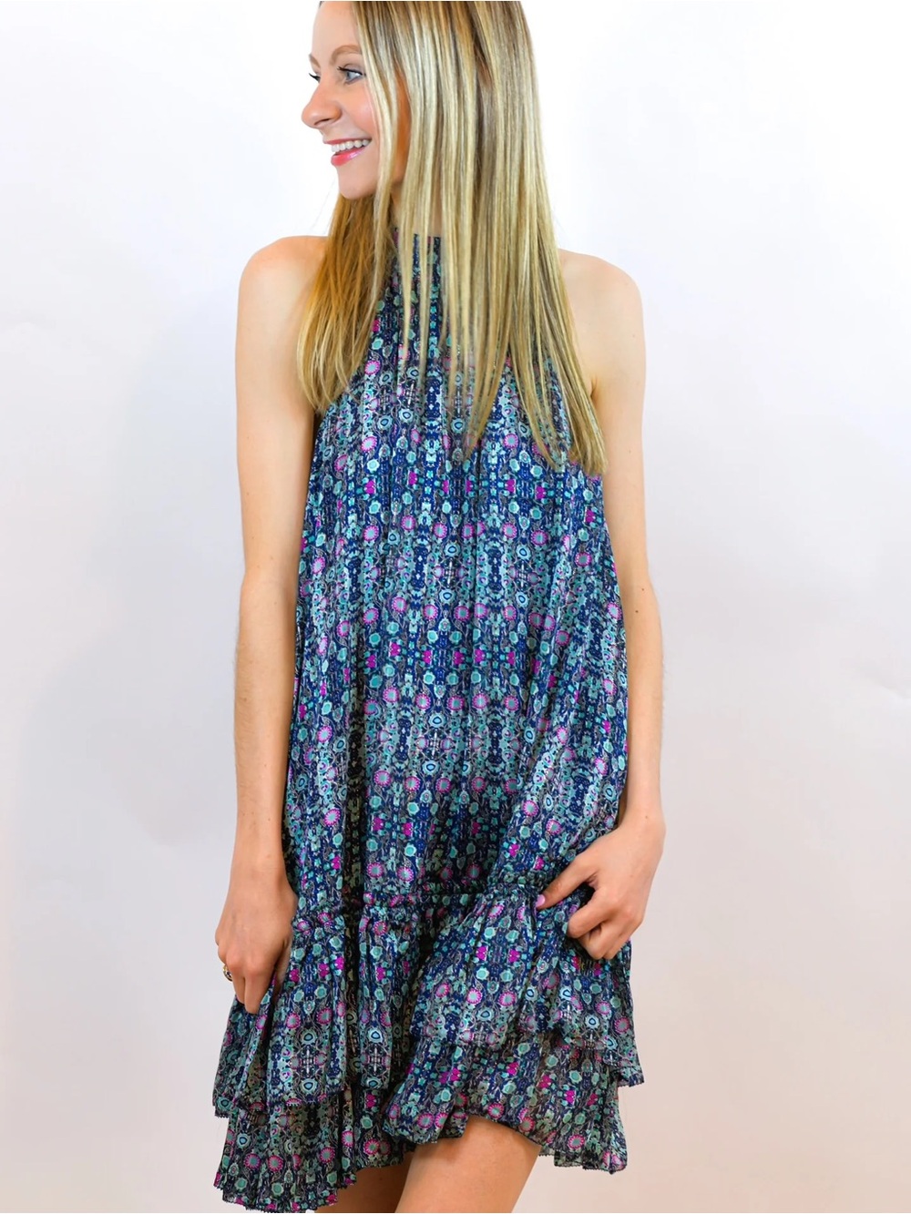 Printed High-Neck Tiered Summer Dress in Navy & Teal